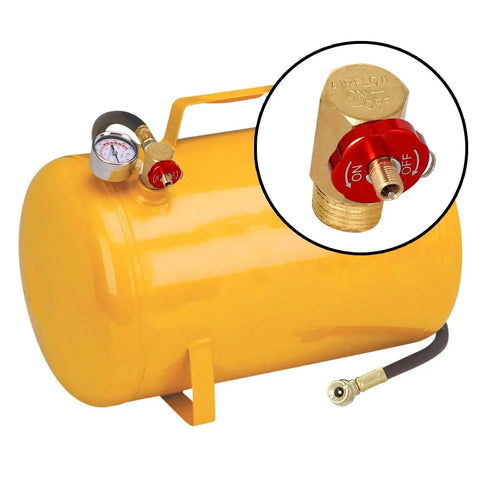 Air Tank Manifold Kit With Fill Port And Safety Valve, Aluminum Construction, Relief Bypass, visible on yellow carry tank