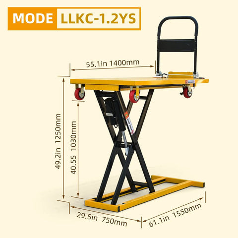 Heavy Duty Electric Scissor Lift Table Cart 47 Inch Height With 660 Lbs Capacity Portable Flatbed Hand Truck, dimensions shown.
