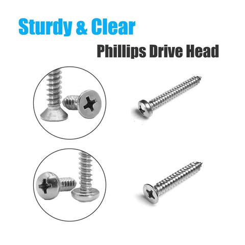 Close-up of Philips drive head screws from the 815 Piece Stainless Steel Self Tapping Screw Set with 24 Sizes M3 to M6.