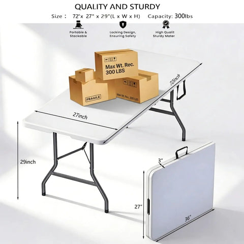 Six Foot Heavy Duty Folding Table With Locking Legs And Carry Handle Portable Plastic Utility Table with boxes on top.