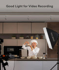 Softbox Lighting Kit 20x28-Inch With Dual 50W Daylight LED Bulbs 5500K TLCI 97 set up in a home kitchen studio for video recording