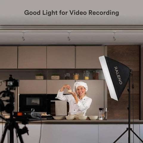 Softbox Lighting Kit 20x28-Inch With Dual 50W Daylight LED Bulbs 5500K TLCI 97 set up in a home kitchen studio for video recording