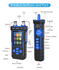 Ultimate All In One Boss Grade Network Cable Tester With Optical Power Meter For PoE Tests And QC Checks Featuring Continuity Test Cable Scan Length Measurement Port Flash VFL And NVC Functions. Front and side view of handheld cable tester with buttons and ports.