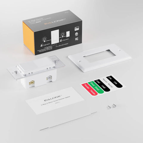 Z-Wave Plus 3-Way Smart Dimmer Switch With Built-In Repeater Dims From Switch Or App seen with wall plate and packaging
