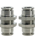 Two 304 stainless steel bulkhead union push-to-connect fittings, 3/8 in tube OD, front view.