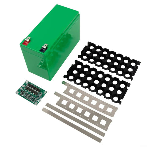 Heavy Duty DIY Lithium Battery Case For 12 Volt Projects With Nickel Straps And 3X7 Cell Slots Top Shelf Abs Housing, green battery with accessories.