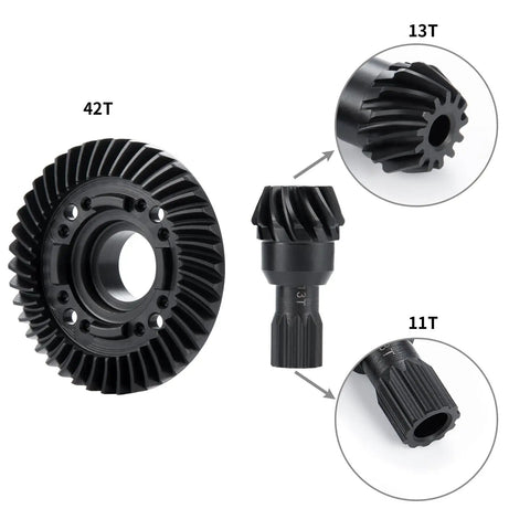 Beefy Steel Front And Rear Differential Gear Set For 1 To 5 Scale RC Cars 13 Tooth Pinion And 42 Tooth Ring Gears Close-Up