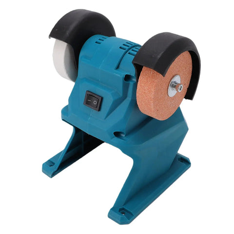 No Strings Attached Cordless Mini Bench Grinder With Dual 70mm Grinding Wheels Spinning At 5500 RPM for sharpening with steady base.