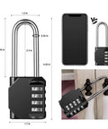 2 Pack 2.6 Inch Shackle 4 Digit Keyless Combination Locks Waterproof Outdoor Padlocks, dimensions shown, next to smartphone.
