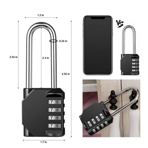 2 Pack 2.6 Inch Shackle 4 Digit Keyless Combination Locks Waterproof Outdoor Padlocks, dimensions shown, next to smartphone.