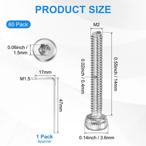 Dang Solid 50 Pack M2 X 14Mm Socket Head Cap Screws Forged From 304 Stainless Steel displayed with size dimensions and Allen wrench.