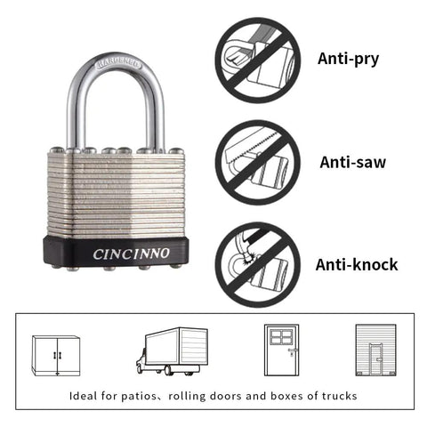 Beefy 40mm Keyed Alike Nickel Plated Laminated Steel Padlock with anti-pry, anti-saw, anti-knock features shown.