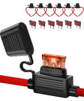 Six Pack Ten Gauge Twelve Volt Inline Fuse Holder With Forty Amp ATC ATO Blade Fuses showing red wires and fuse connectors.