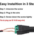 Heavy Duty 12V DC Power Connectors 5.5mm X 2.1mm Barrel Jack Adapters showing installation steps and plug design.
