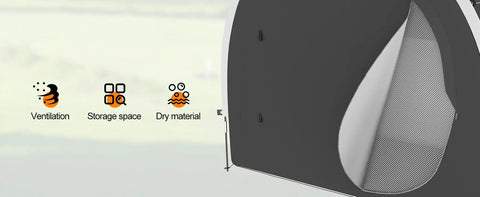 Ventilated design of 39.4 Inch Wider All Weather Outdoor Storage Shed Tent For Bikes And Motorcycles Including E Bikes And E Scooters Lawn Mower And RV Travel Shelter Rainproof Dustproof Windproof Sunproof Heavy Duty Weatherproof Bike Shelter with dry material and storage space.