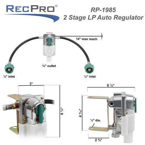 Propane Regulator Auto Changeover Two Stage For RVs With 11.5 Inch Pigtail Hose Connector 250 PSI 287500 BTU, multiple views.