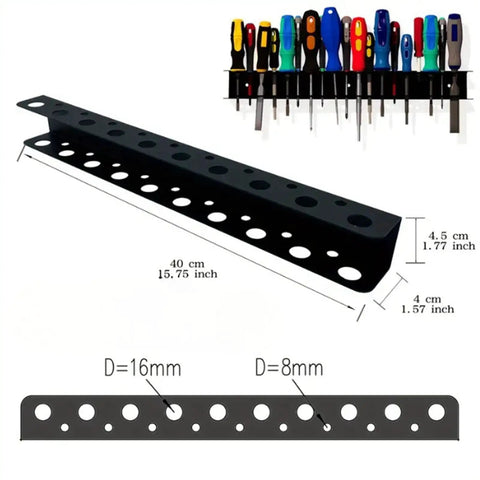 Heavy Duty Screwdriver Storage Holder, Space Saving Tool Rack With 2X Capacity, dimensions in black metal