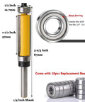 Premium Flush Trim Router Bit Two Piece Set Featuring Quarter Inch Shank And Dual Top And Bottom Ball Bearings Made From Tough Carbide Steel, 1/2 Inch tip.