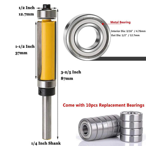 Premium Flush Trim Router Bit Two Piece Set Featuring Quarter Inch Shank And Dual Top And Bottom Ball Bearings Made From Tough Carbide Steel, 1/2 Inch tip.