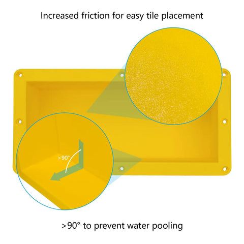 Tileable Shower Niche Foot Rest 16 By 8 By 4 Inches Recessed Wall Niche Insert with increased friction and water pooling prevention