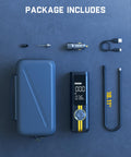 Included contents of X8 Apex Tire Inflator Portable Cordless Air Compressor With LED Dual Screen and accessories displayed.