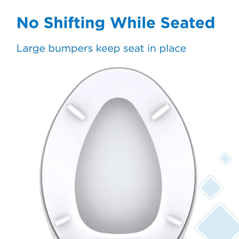 Built Tough Elongated Toilet Seat Made From Heavy Duty Polypropylene For Crack Resistant Durability And No Nonsense Standard Close Function In Classic White Finish with large bumpers for stability.