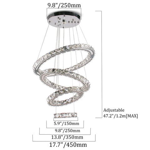 LED Crystal Chandelier With 4 Ring Design, Modern Stainless Steel Pendant Light, adjustable up to 47 inches, shown in spiral shape.