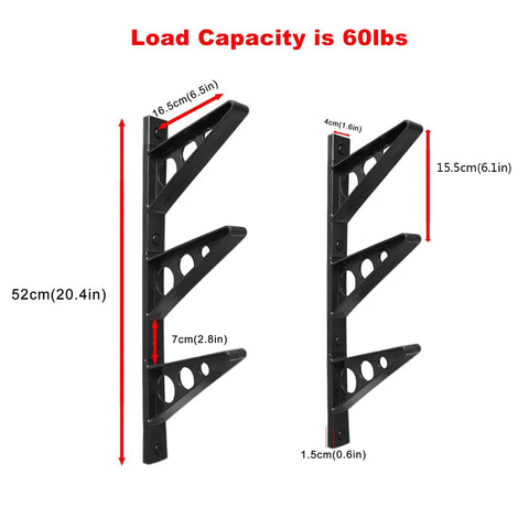 Beefy Wall Mounted Snowboard And Ski Rack Stash Up To Three Boards Horizontally Inside Your Garage Using Durable Plastic Multi Sport Gear Holder Home Organization, showing rack size dimensions and load capacity of 60lbs.