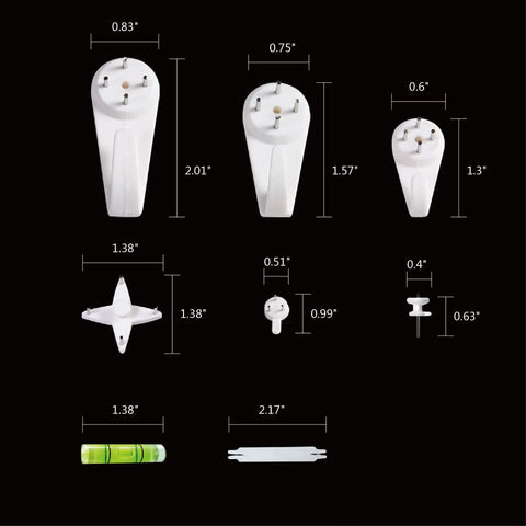 Dope No Damage Picture Hanging Kit With 68 Invisible Nails for Concrete Walls showing various nail sizes and types with measuring scale.