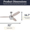 52 Inch Smart Ceiling Fan With Light, Remote, FansIO App, Dual Mounting Options, showcased with 52-inch blade span and 16.7 height.