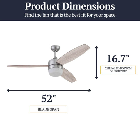 52 Inch Smart Ceiling Fan With Light, Remote, FansIO App, Dual Mounting Options, showcased with 52-inch blade span and 16.7 height.