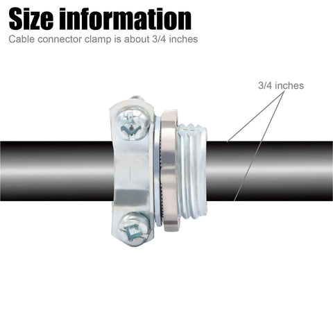 Side view of 3/4 inch clamp type cable connector on conduit, Ten Pack Three Quarters Inch Clamp Type Cable Connectors For Metallic Conduit To Protect Cables.