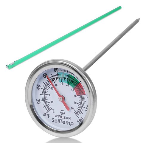 Waterproof Compost And Soil Thermometer With 5 Inch Stainless Steel Stem showing temperature dial for garden and compost use
