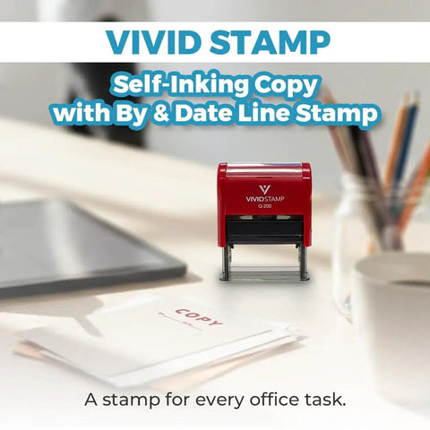 Copy By Date Self Inking Rubber Stamp Featuring Slick Red Ink Flow And Transparent Bottom For Your Daily Office Grind No Sweat Reinkable Tool That Keeps Paperwork Moving Smoothly Every Day on office desk with paperwork and pens.