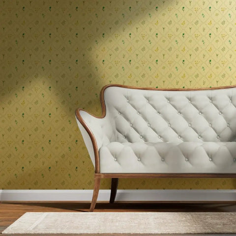 Level Up Your Interiors With This Stunning Cottage Floral Gold Metallic Wallpaper Showcasing Rich Fibrous Texture And Effortless Paste Application For Ultimate Room Refresh Vibes on a living room wall with a white tufted sofa.