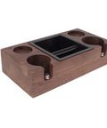 Legit Premium Walnut Wood Coffee Tamping Station With Stainless Steel Knock Box And Adjustable Height Tamper Base for organized espresso setup.