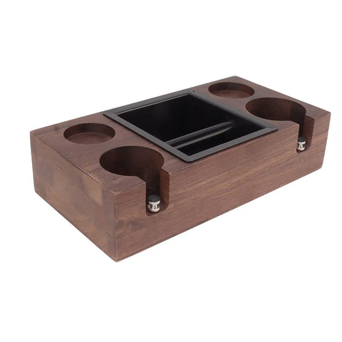 Legit Premium Walnut Wood Coffee Tamping Station With Stainless Steel Knock Box And Adjustable Height Tamper Base for organized espresso setup.