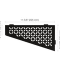 Quadrilateral Corner Shelf For Tiled Walls With Dope Floral Design In Matte Black Aluminum Finish Easy No Drill Install Three Thirty Seconds Inch Thick Anchoring Tabs Modern Shower And Bath Storage with measurements