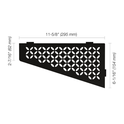 Quadrilateral Corner Shelf For Tiled Walls With Dope Floral Design In Matte Black Aluminum Finish Easy No Drill Install Three Thirty Seconds Inch Thick Anchoring Tabs Modern Shower And Bath Storage with measurements