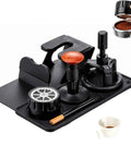 The Real Deal 5 Piece Espresso Tamping Station Kit With Spring Loaded Tamper Weighted Coffee Distributor WDT Needle Tool And Cleaning Brush Pro Barista Storage Base Universal Fit on countertop.