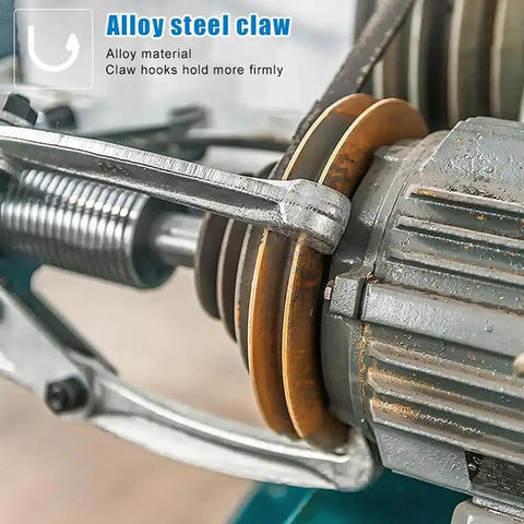 Heavy Hitting 20 Ton Hydraulic Gear Puller With Relentless Alloy Claws That Rip Free Rusty Wheels And Seized Bearings Without Burning Out showing its alloy steel claws gripping a rusty pulley.