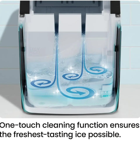 Self-cleaning component of Dual Size Countertop Ice Maker For Home And Office, Fast 9 Ice Cubes In 7 Minutes, Large Or Small Bullet Ice, 22 Lbs Per Day