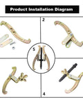 Installation diagram of Convertible Three To Two And Three Jaw Gear Puller with Reversible Jaws and components, 8-inch reach.