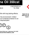 Warning label for Premium 350 cSt Silicone Oil High Purity Lubricant, 8 Oz (250 mL) detailing environmental precautions and hazards.