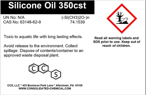 Warning label for Premium 350 cSt Silicone Oil High Purity Lubricant, 8 Oz (250 mL) detailing environmental precautions and hazards.