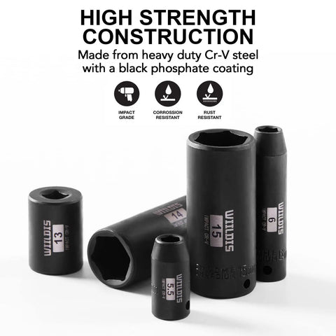 Impact Socket Set 54 Piece Quarter Inch Drive, 6 Point, SAE and Metric, includes various sizes showing chrome vanadium steel