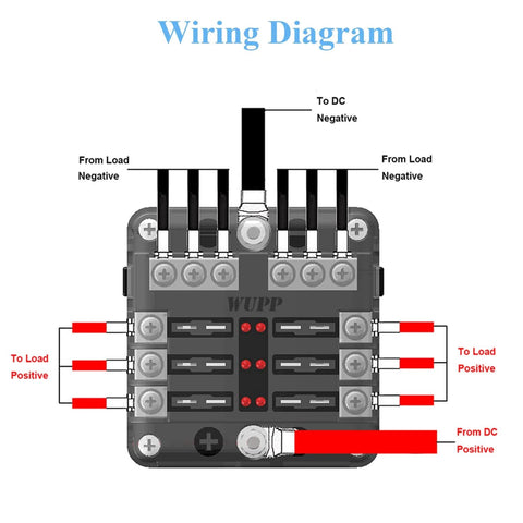 Wiring diagram for Waterproof 12V Fuse Panel With LED Warning Indicators, 6-Circuit Marine Boat Fuse Box With Negative Bus, Damp-Proof Cover