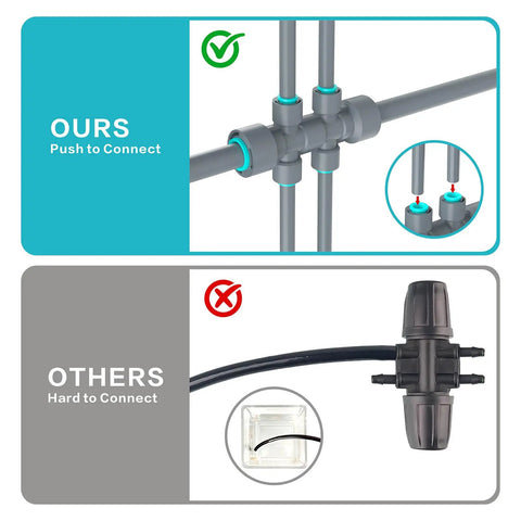 Comparison of 6 Way Plug And Play Quick Connector 12 To 6mm Drip Irrigation Kit Accessories with standard connector, showing ease of use.