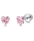 Heart Birthstone Screw Back Earrings Made From Implant Grade Titanium With Super Snug Fit And Truly Hypoallergenic Nickel Free Metals For Daily Grind Featuring Five mm Gem Hearts in pink titanium.