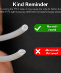 Close-up of PTFE tubes for 5 Way Filament Hub For Auto Switching And Multi Color Printing Compatible With Bambu Lab A1 And A1 Mini showing round and flattened ends with tick and cross indicators.